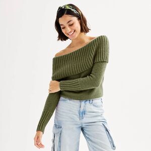 New Juniors' SO® Off-The-Shoulder Long Sleeve Sweater Green Size S